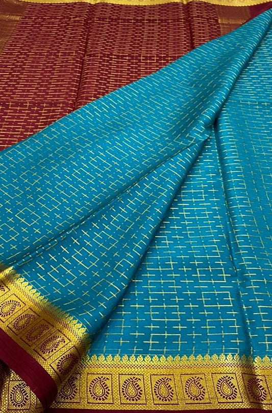 Blue Handloom Mysore Crepe Silk Saree - Luxurion World