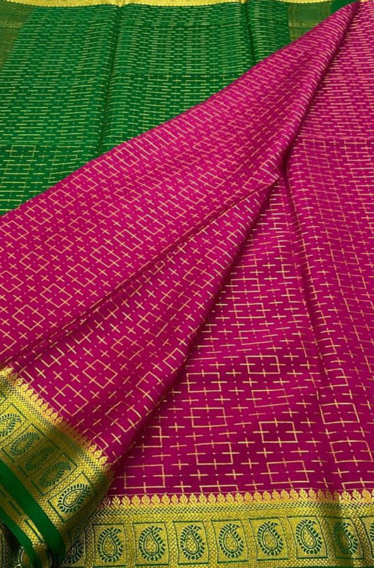 Pink Handloom Mysore Crepe Silk Saree - Luxurion World