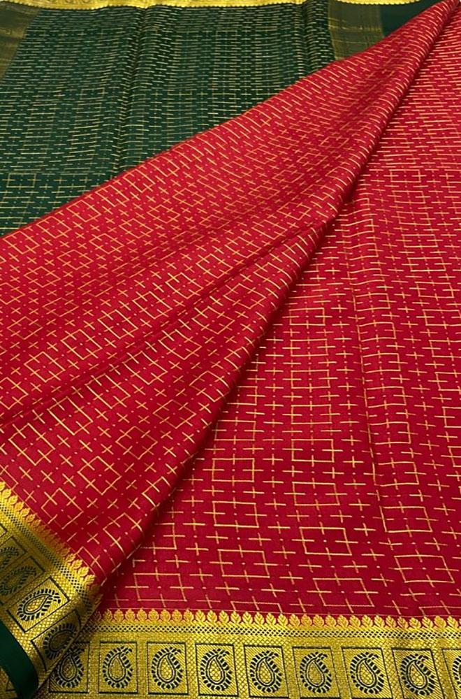 Red Handloom Mysore Crepe Silk Saree - Luxurion World