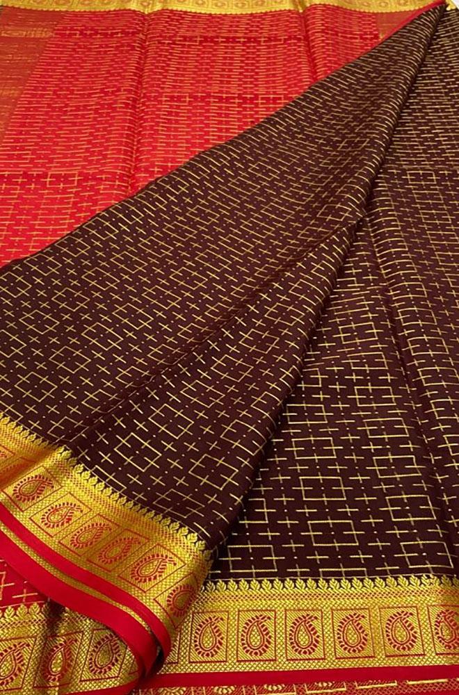 Brown Handloom Mysore Crepe Silk Saree - Luxurion World