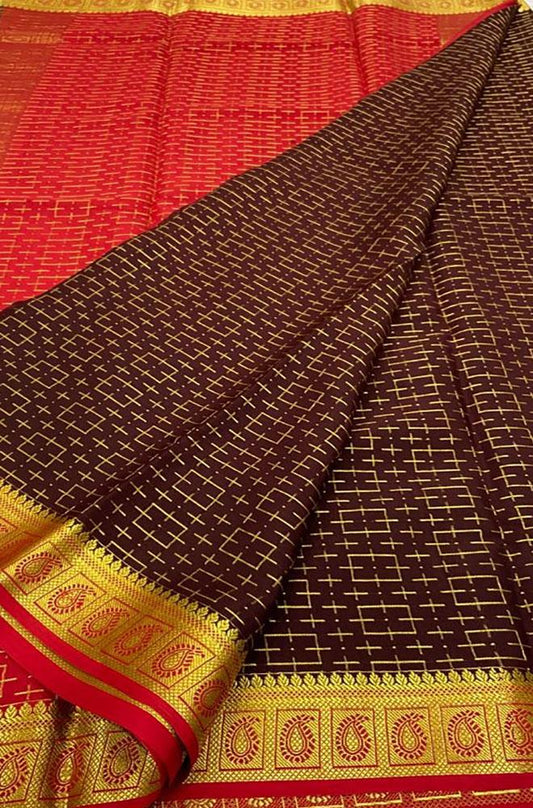 Brown Handloom Mysore Crepe Silk Saree - Luxurion World
