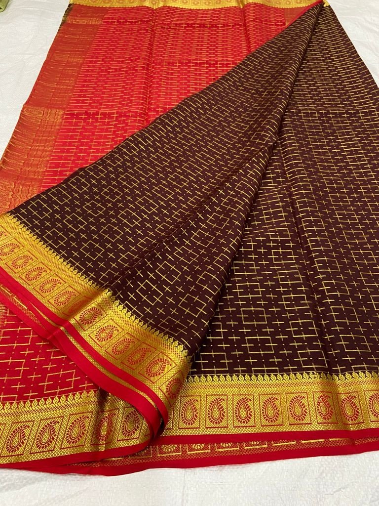 Brown Handloom Mysore Crepe Silk Saree - Luxurion World