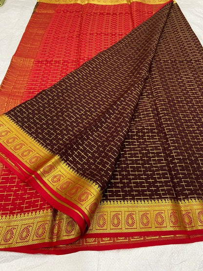 Brown Handloom Mysore Crepe Silk Saree - Luxurion World