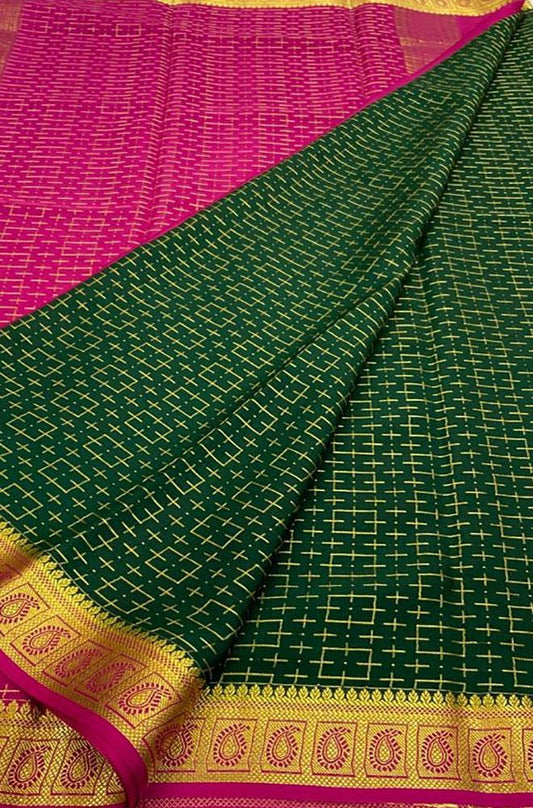 Green Handloom Mysore Crepe Silk Saree - Luxurion World