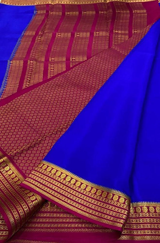 Blue Handloom Mysore Crepe Silk Saree - Luxurion World