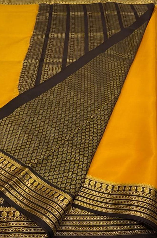 Yellow Handloom Mysore Crepe Silk Saree - Luxurion World