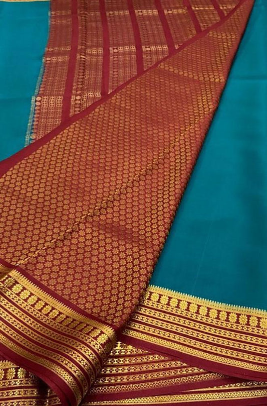 Blue Handloom Mysore Crepe Silk Saree - Luxurion World