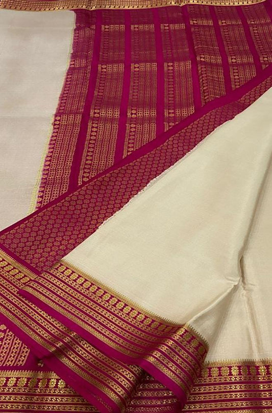 Off White Handloom Mysore Crepe Silk Saree - Luxurion World