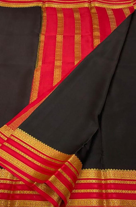 Black Handloom Mysore Crepe Silk Saree - Luxurion World