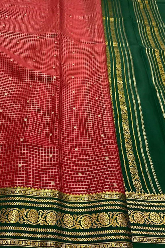 Red Mysore Handloom Pure Crepe Silk Checks Saree - Luxurion World