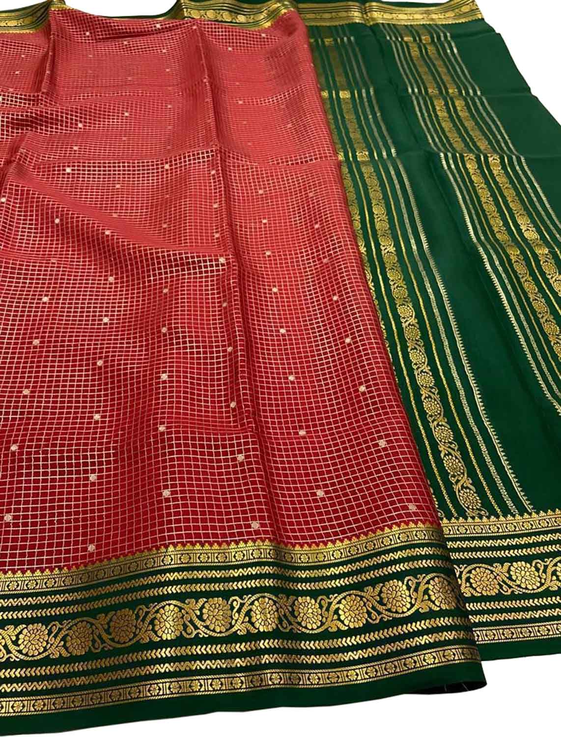 Red Mysore Handloom Pure Crepe Silk Checks Saree - Luxurion World