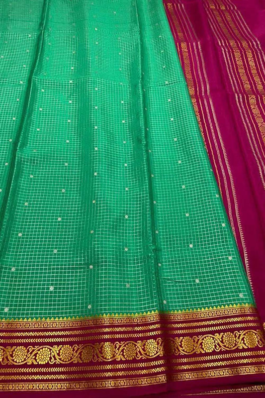 Green Mysore Handloom Pure Crepe Silk Checks Saree - Luxurion World