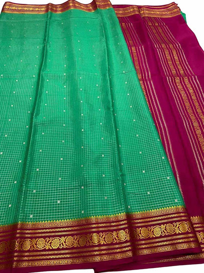 Green Mysore Handloom Pure Crepe Silk Checks Saree - Luxurion World
