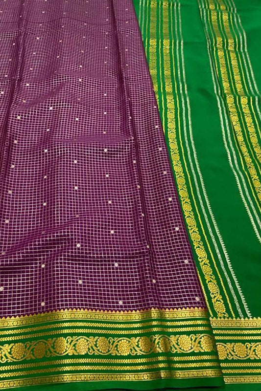 Purple Mysore Handloom Pure Crepe Silk Checks Saree
