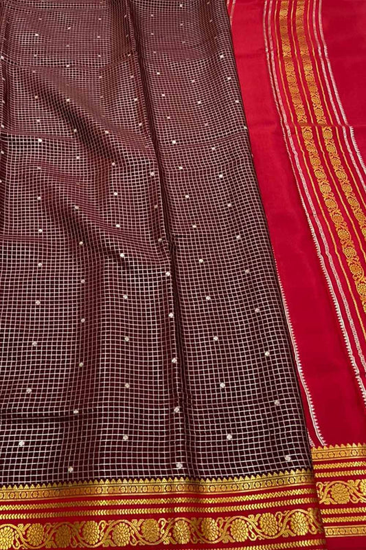 Brown Mysore Handloom Pure Crepe Silk Checks Saree - Luxurion World