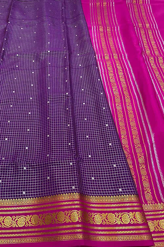 Purple Mysore Handloom Pure Crepe Silk Checks Saree