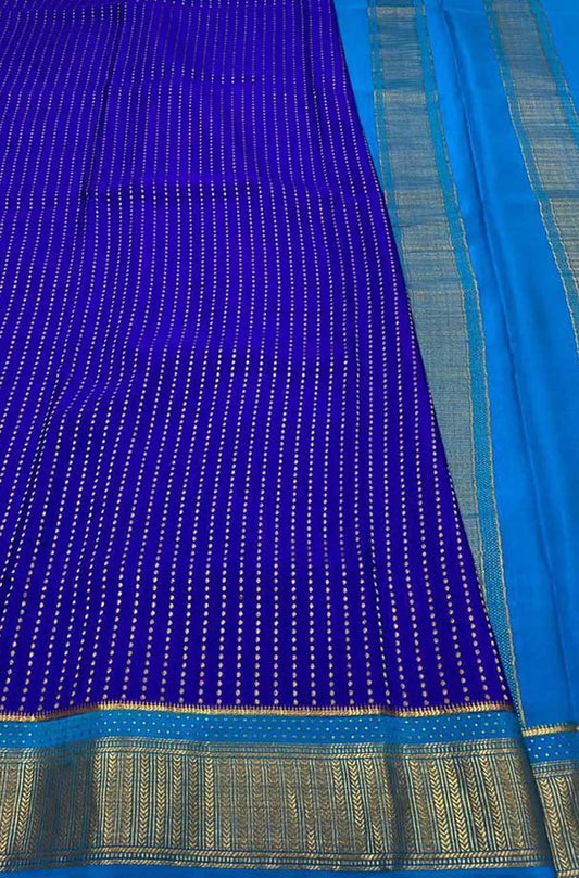 Blue Mysore Handloom Pure Crepe Silk Checks Saree - Luxurion World