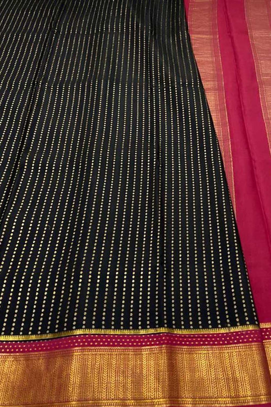 Black And Pink Mysore Handloom Pure Crepe Silk Checks Saree - Luxurion World