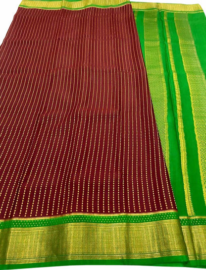 Maroon And Green Mysore Handloom Pure Crepe Silk Checks Saree - Luxurion World
