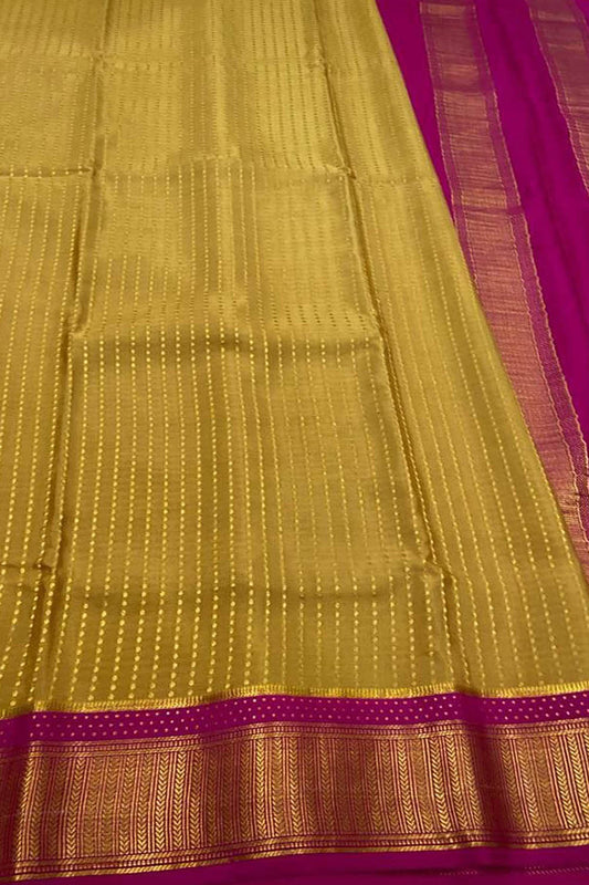 Golden And Pink Mysore Handloom Pure Crepe Silk Checks Saree - Luxurion World