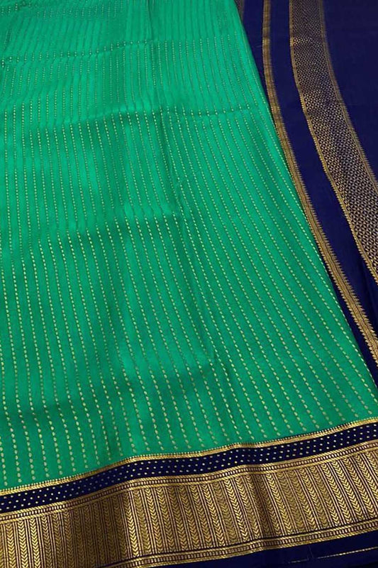 Blue And Green Mysore Handloom Pure Crepe Silk Checks Saree - Luxurion World