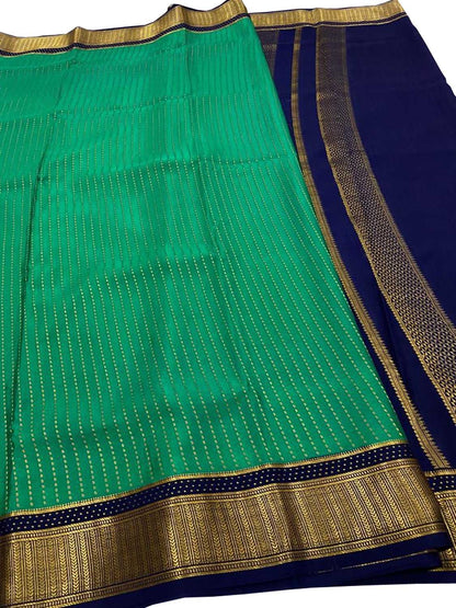 Blue And Green Mysore Handloom Pure Crepe Silk Checks Saree - Luxurion World