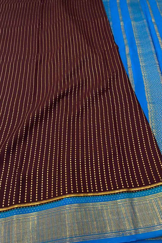 Brown And Blue Mysore Handloom Pure Crepe Silk Checks Saree - Luxurion World