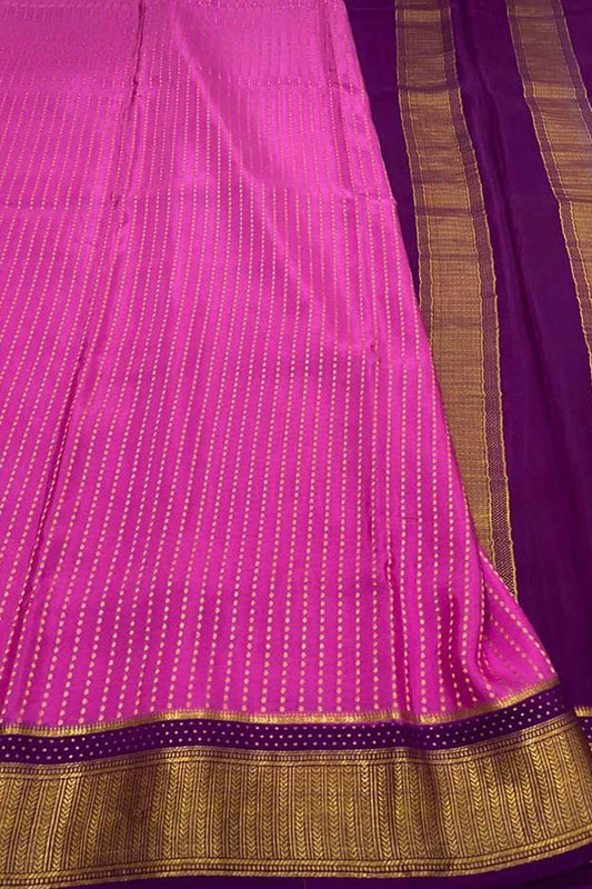 Pink And Purple Mysore Handloom Pure Crepe Silk Checks Saree