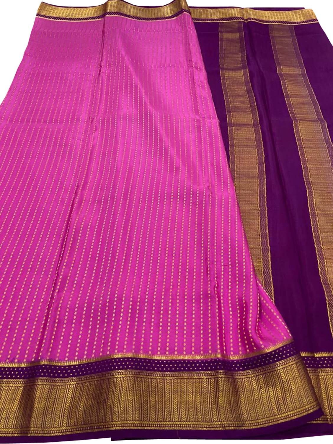 Pink And Purple Mysore Handloom Pure Crepe Silk Checks Saree - Luxurion World