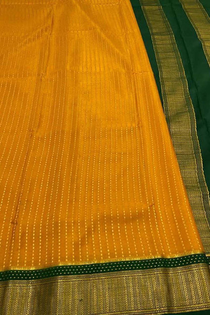Yellow And Green Mysore Handloom Pure Crepe Silk Checks Saree - Luxurion World