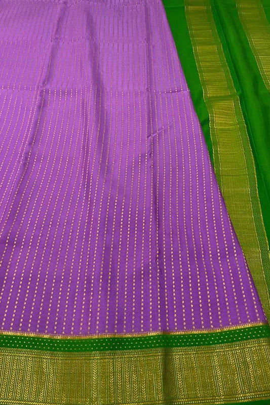 Purple And Green Mysore Handloom Pure Crepe Silk Checks Saree