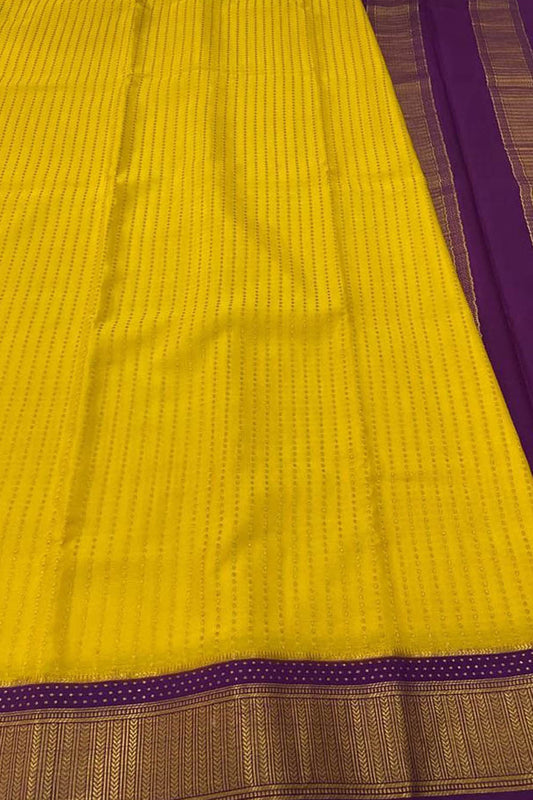 Yellow And Purple Mysore Handloom Pure Crepe Silk Checks Saree