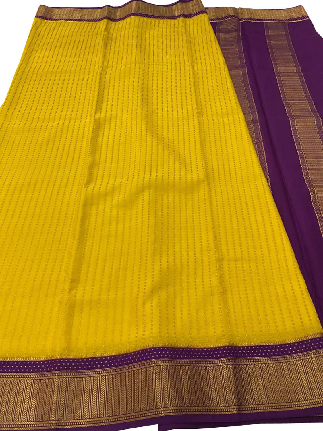 Yellow And Purple Mysore Handloom Pure Crepe Silk Checks Saree - Luxurion World