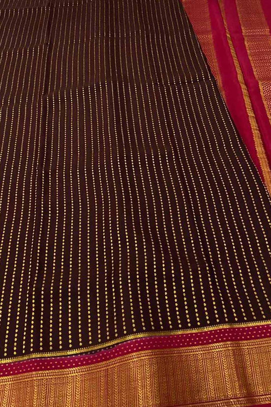 Brown And Red Mysore Handloom Pure Crepe Silk Checks Saree