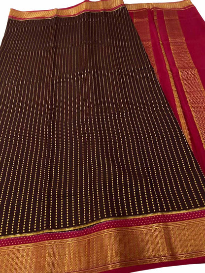 Brown And Red Mysore Handloom Pure Crepe Silk Checks Saree - Luxurion World