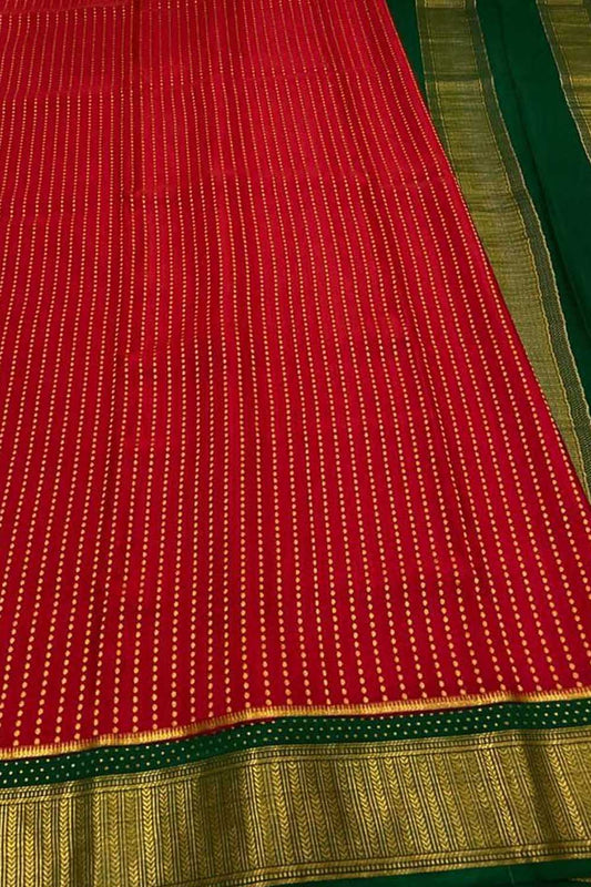 Red And Green Mysore Handloom Pure Crepe Silk Checks Saree - Luxurion World