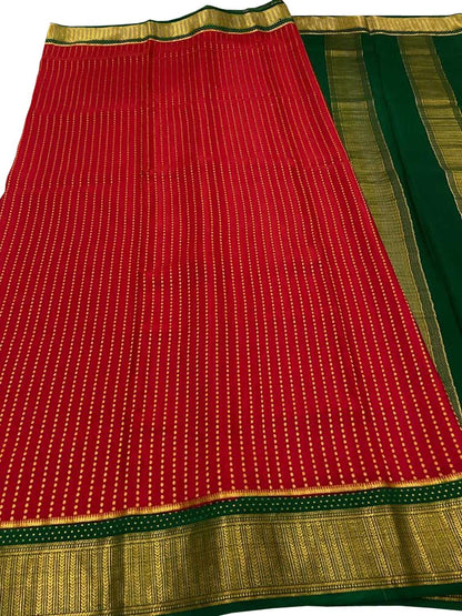 Red And Green Mysore Handloom Pure Crepe Silk Checks Saree - Luxurion World