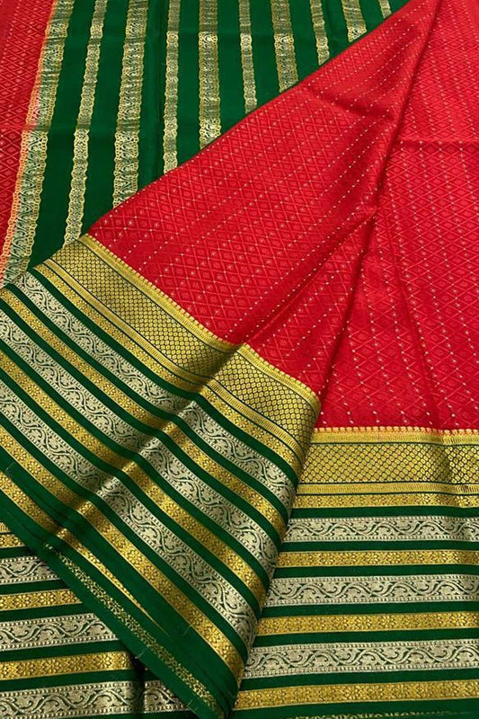 Red And Green Mysore Handloom Pure Crepe Silk Saree - Luxurion World