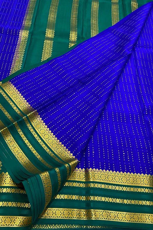 Blue And Green Mysore Handloom Pure Crepe Silk Saree