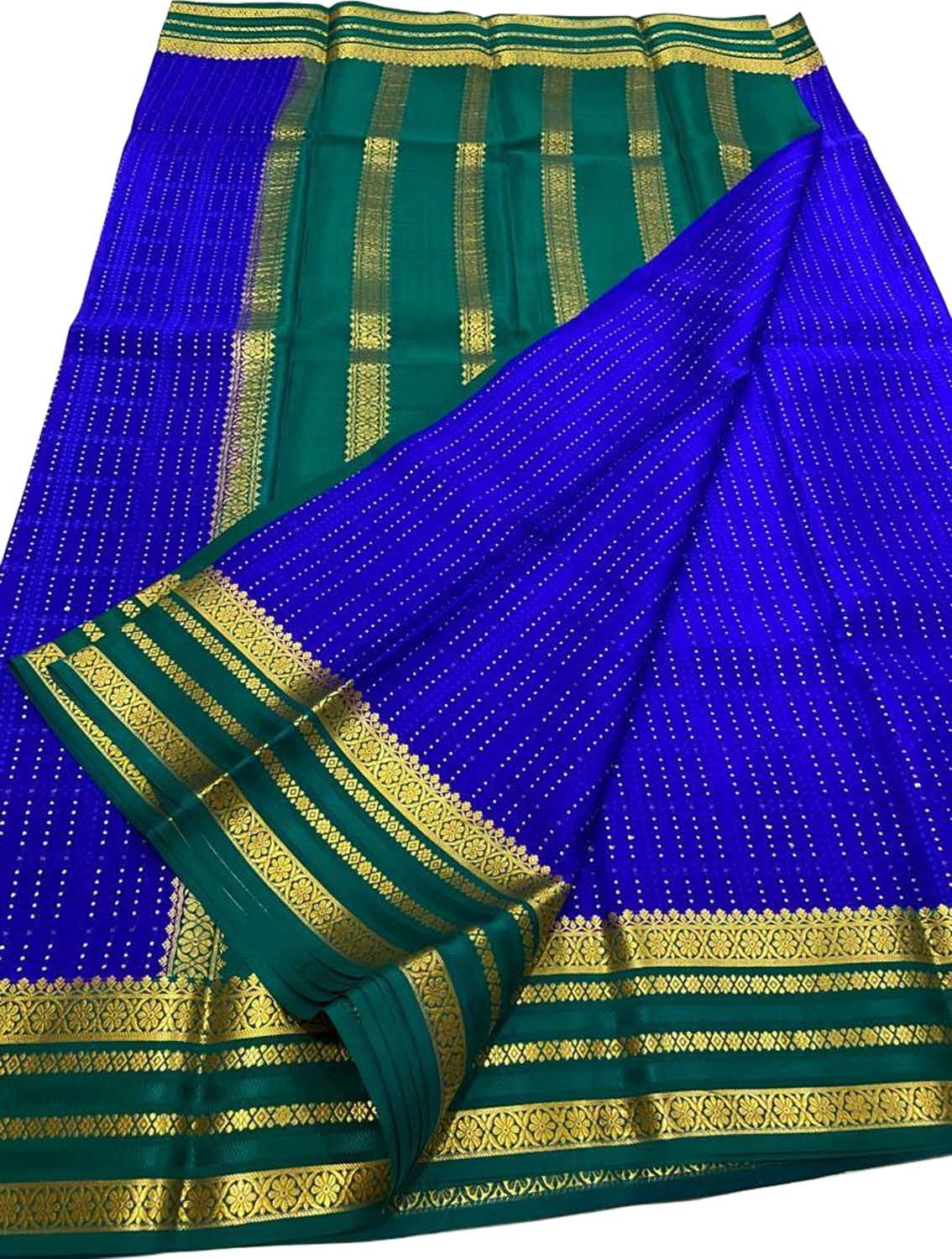 Blue And Green Mysore Handloom Pure Crepe Silk Saree - Luxurion World