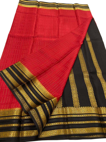 Red And Black Mysore Handloom Pure Crepe Silk Saree - Luxurion World