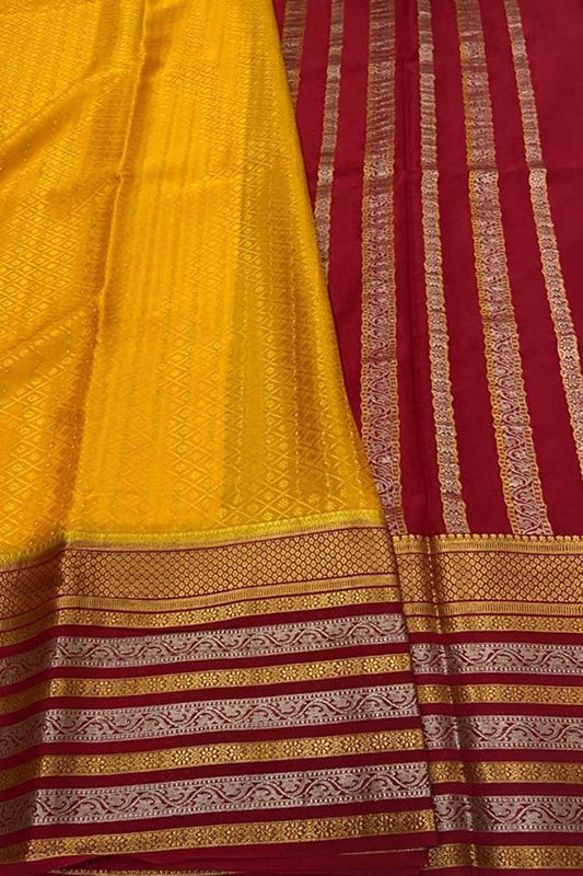 Yellow And Red Mysore Handloom Pure Crepe Silk Saree