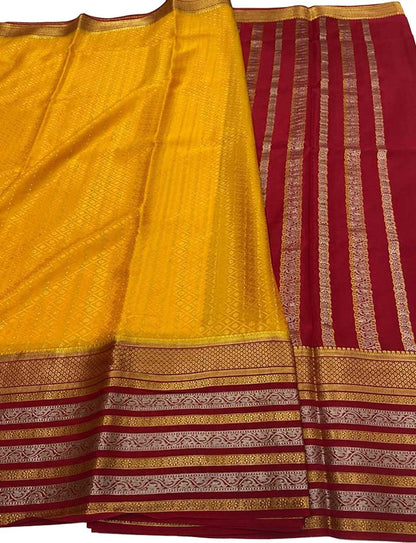 Yellow And Red Mysore Handloom Pure Crepe Silk Saree - Luxurion World