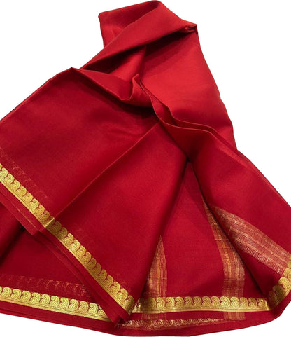Red Mysore Handloom Pure Crepe Silk Saree - Luxurion World