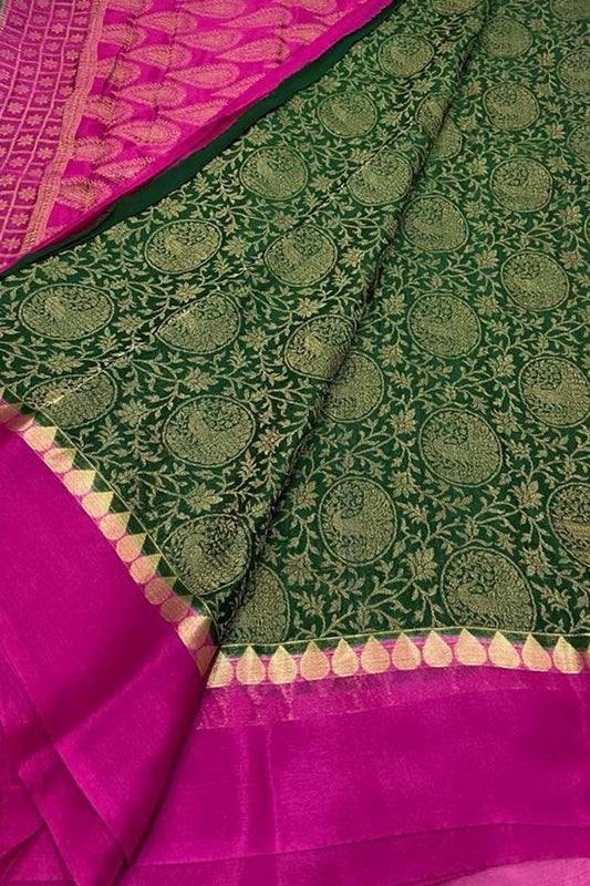 Green And Pink Mysore Handloom Pure Crepe Silk Saree