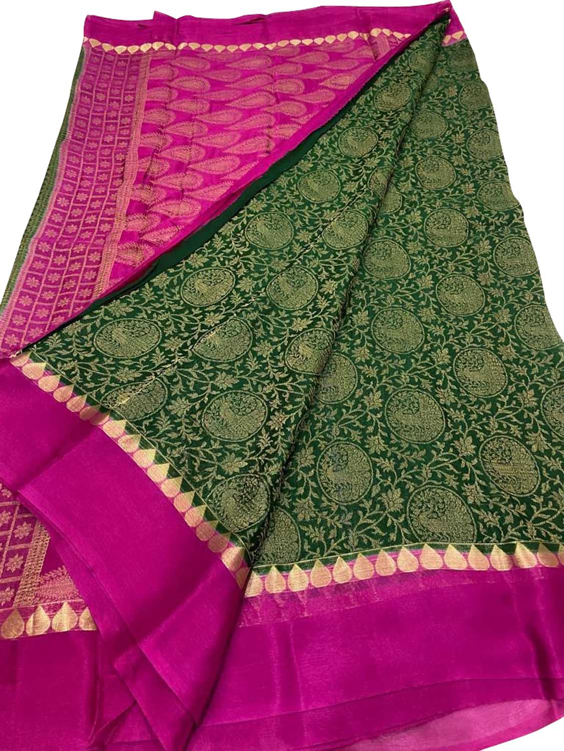 Green And Pink Mysore Handloom Pure Crepe Silk Saree - Luxurion World
