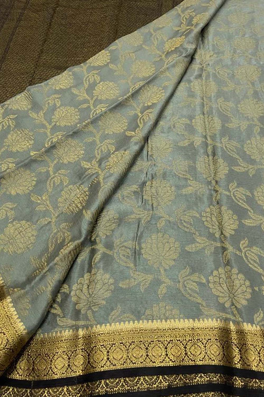 Grey And Black Mysore Handloom Pure Crepe Silk Saree - Luxurion World