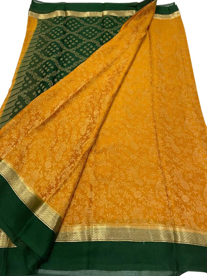 Yellow And Green Mysore Handloom Pure Crepe Silk Saree