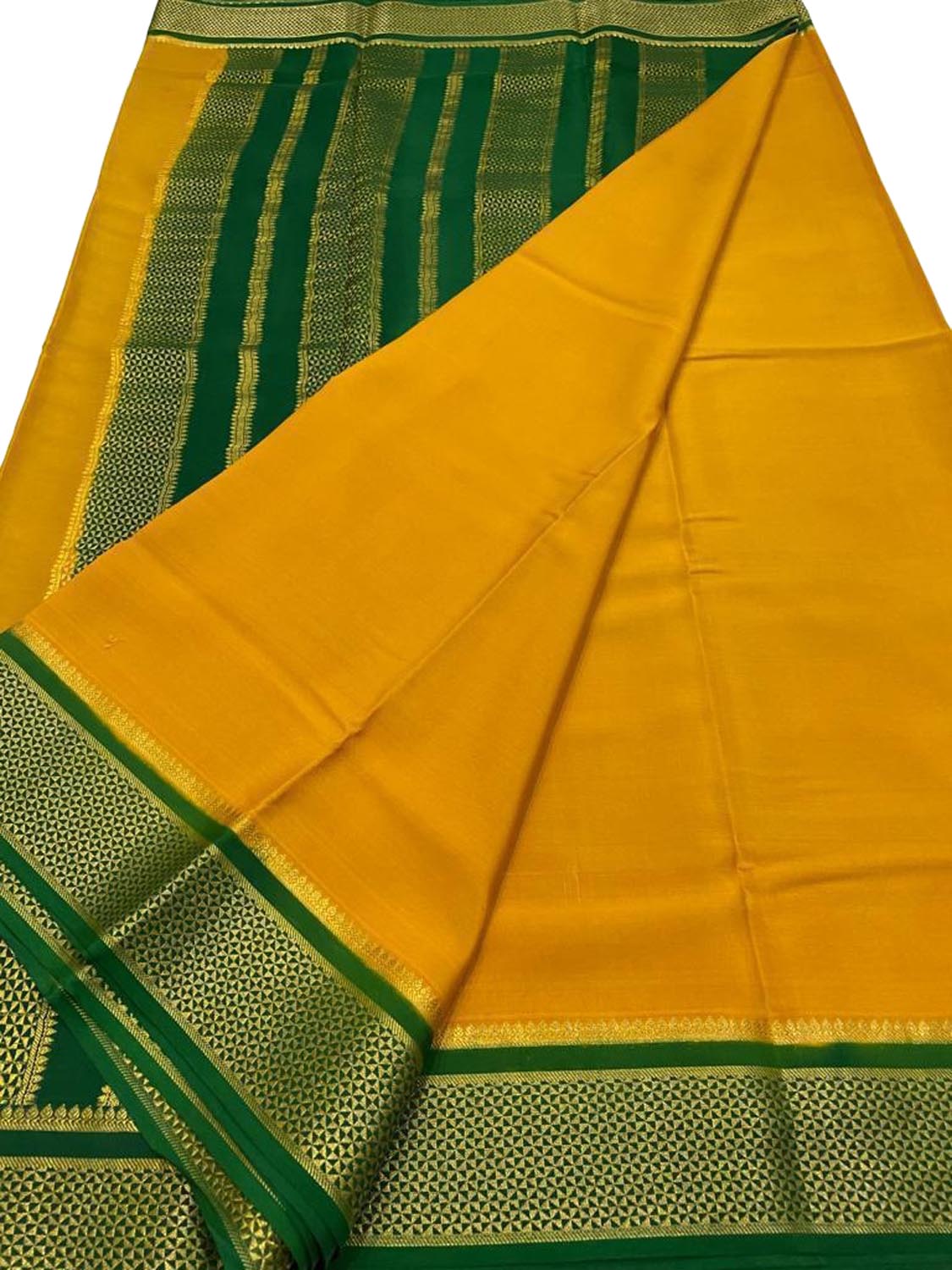 Yellow And Green Mysore Handloom Pure Crepe Silk Saree - Luxurion World