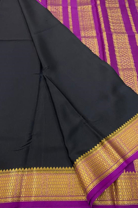 Black And Purple Mysore Handloom Pure Crepe Silk Saree